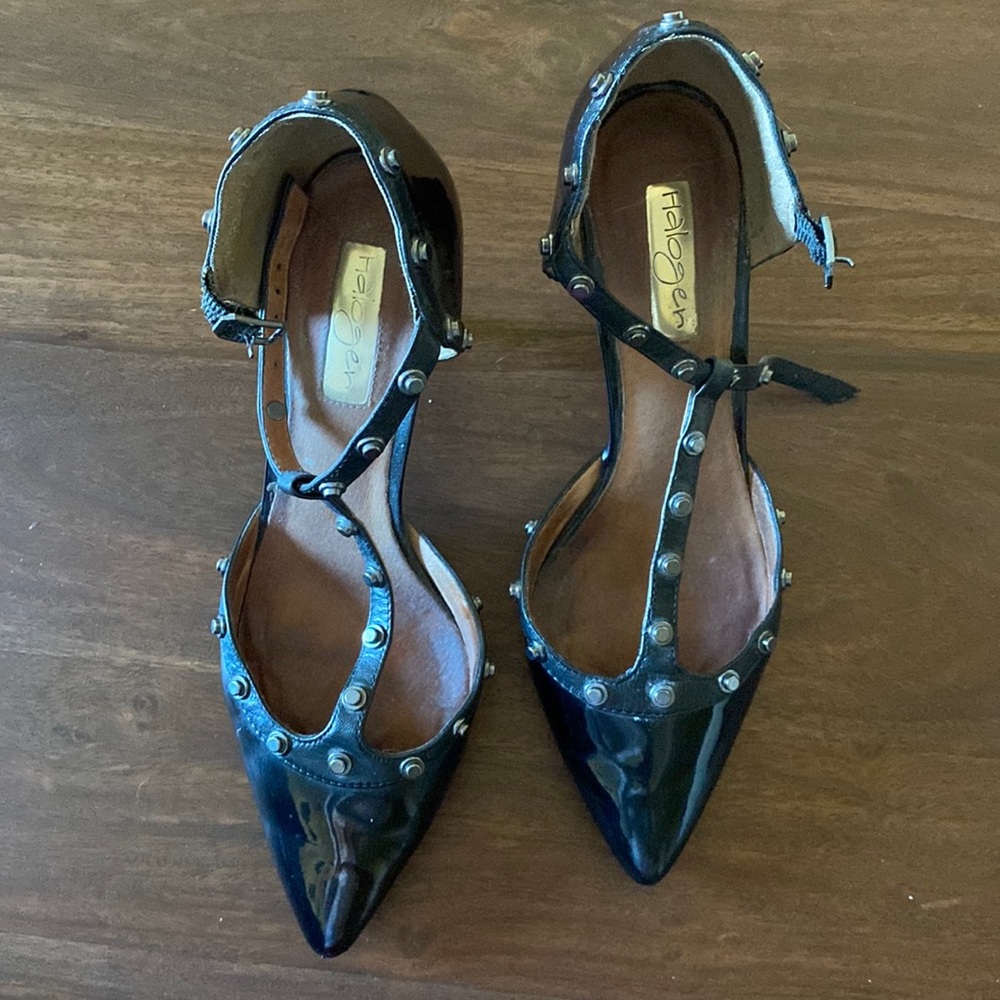 Halogen Patent leather t-strap heels with grommets